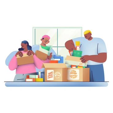 A group of diverse volunteers is working together to package supplies for a nonprofit organization. In the center, a woman with dark skin and curly hair is folding cardboard boxes that are labeled "Food Drive," "Clothing Donations," and "School Supplies." Next to her, a man with light skin and short blond hair is carefully placing items into one of the boxes. There are colorful supplies scattered around, including clothes, canned goods, and notebooks. A bright window in the background lets in natural light, illuminating the scene and highlighting the volunteers' focused expressions as they collaborate.