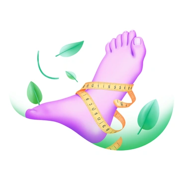 A close-up of a "healthy foot" positioned centrally in the frame. The "foot" is well-groomed, with smooth skin and neatly trimmed nails. A "measuring tape" is gently wrapped around the "ankle," forming a soft curve that highlights the contours of the foot. In the background, there are subtle hints of green leaves that symbolize freshness and vitality. The lighting is bright and even, illuminating the details of the foot and the texture of the measuring tape.
