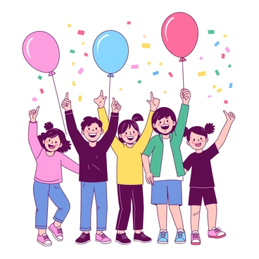 A group of joyful children is standing together with their thumbs raised in the air during a celebration. Each child has a wide smile on their face, showing their excitement. There are balloons in various shapes and colors floating around them, and colorful confetti is scattered in the air. The children are wearing bright, cheerful clothing, adding to the festive atmosphere of the scene.