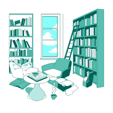 A white cozy library with towering bookshelves filled with various colorful books. A teal wooden ladder leans against one of the shelves, allowing easy access to the higher books. Soft light filters through a large window, illuminating a few plush reading chairs scattered throughout the space. In one corner, a small white table holds a steaming cup of tea and a teal book open to a page.