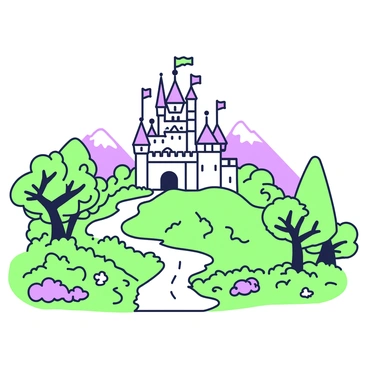 A fairytale landscape featuring a grand castle atop a hill. The castle has tall, pointed towers with flags waving at the peaks. Surrounding the castle, there is a lush forest full of trees with intricate branches and leaves. The pathway leading to the castle is lined with bushes and flowers, and a small stream flows nearby. In the distance, mountains rise against the horizon, providing depth to the scene. The entire composition is rendered in detailed line art, emphasizing the enchanting elements of the landscape.