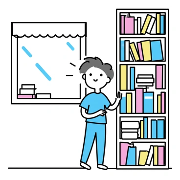 A child with short brown hair is standing in front of tall bookshelves filled with colorful books. The child is wearing a blue shirt and jeans, looking up with a curious expression. Sunlight is streaming in through a nearby window, casting soft shadows on the floor. The shelves are filled with books of various sizes and colors, some stacked horizontally and others standing vertically. A few books are slightly out of place, hinting at the child's exploration.