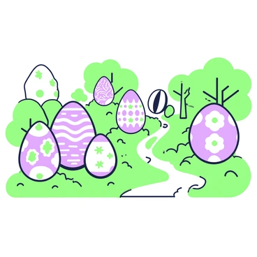A park scene showcases large sculptures of eggs, each exhibiting a unique design. In the foreground, there are three eggs intricately patterned with geometric shapes and floral motifs. One egg features wavy lines, while another displays a mosaic of stars. The background contains additional eggs, some with stripes and others adorned with dots, arranged in a visually appealing manner. Lush green grass surrounds the sculptures, and trees provide shade, enhancing the natural atmosphere of the park. Pathways wind between the eggs, inviting visitors to explore the artistic creations.