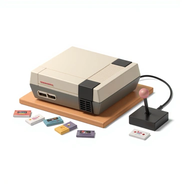 A vintage game console, featuring a rectangular shape with textured panels and old-school buttons in various colors. It is placed on a wooden table. Next to the console, there is a classic joystick with a black base and a red button on top. Several colorful game cartridges are scattered around the console, each with unique labels and designs. The scene is illuminated by a warm light, highlighting the details of the console and accessories.