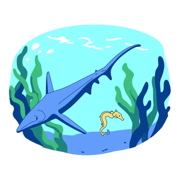 A blue swordfish is swimming gently through a vibrant green kelp forest. The swordfish is gracefully gliding, with its elongated body and pointed bill clearly visible. Beside it, a small yellow seahorse is floating in the water, its curled tail grasping one of the kelp fronds. Sunlight filters through the water's surface, creating dappled patterns that dance around the fish and seahorse, enhancing the tranquil underwater scene. The kelp sways gently with the movement of the water, adding to the serene atmosphere of the ocean environment.