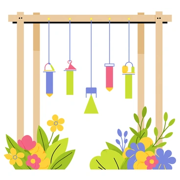 A set of colorful wind chimes hanging from a wooden pergola in a vibrant garden. The wind chimes are made of various materials, including metal and glass, with hues of blue, green, and red. Gentle breezes cause the chimes to sway slightly, creating a delicate dance as they collide softly, producing musical notes. Surrounding the wind chimes are blooming flowers in shades of yellow, pink, and purple, alongside lush green foliage, enhancing the serene garden atmosphere.