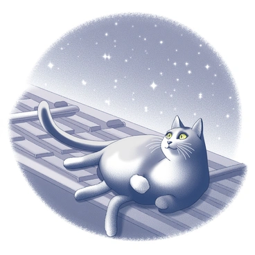 A cat lying on a rooftop. The cat is in a relaxed position, with its paws stretched out and its body comfortably positioned on the warm tiles. Its head is slightly raised, and its eyes are wide open, gazing intently at the "twinkling stars" in the "night sky." The rooftop features a slight slope and a few scattered shingles, enhancing the scene’s detail. The sky above is filled with a multitude of "stars," creating a captivating night atmosphere.
