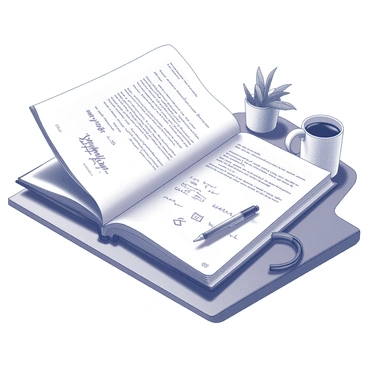 A wooden desk with a journal lying open on its surface. The journal has a textured cover and is positioned at an angle, showcasing its pages. The pages are filled with handwritten personal reflections and spontaneous doodles. The writing is in varied styles and sizes, with some passages neatly scripted while others are more casual. The doodles include simple shapes, abstract designs, and small sketches, adding visual interest to the pages. A pen rests next to the journal, partially uncapped, hinting at recent activity. The desk has a few scattered items, including a small potted plant and a coffee mug, creating a lived-in feel.