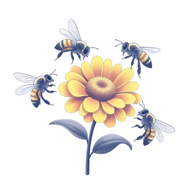 A group of bees is actively flying around a cluster of marigold flowers. Each bee is distinct, with detailed wings and bodies, focused on collecting pollen from the vibrant blooms. The marigold flowers are depicted with multiple layers of petals, showcasing their intricate textures and shapes. The composition captures the movement of the bees as they dart between the flowers, emphasizing their role in the pollination process. The background is simple to enhance the focus on the bees and marigolds.