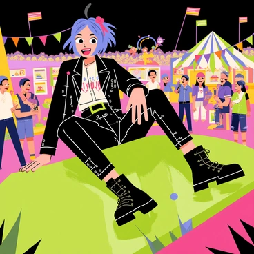 A tank girl with vibrant blue and purple hair is wearing a stylish leather jacket and combat boots. She is sitting on the edge of a large, green tank, which is glowing with colorful lights in shades of pink, green, and yellow. Surrounding her are excited festival-goers dancing and enjoying the music, with a stage in the background featuring a band playing energetic tunes. Colorful flags and banners flutter in the breeze, adding to the festive atmosphere. Brightly lit food stalls are visible, offering snacks and drinks to the attendees.