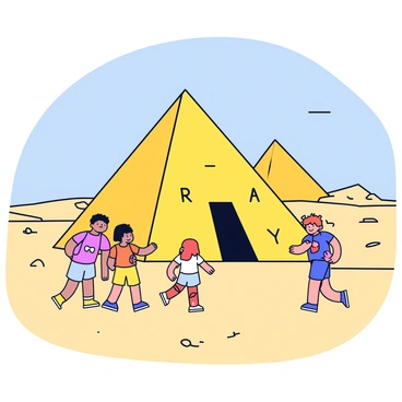 A group of children is exploring ancient pyramids in a desert. The pyramids are tall and triangular, built from large blocks of yellowish-brown stone. The sun casts bright light on the scene, creating sharp shadows on the sandy ground. The children are wearing colorful t-shirts and shorts, with one child holding a small backpack. They are curiously looking at the hieroglyphs carved on the pyramid walls. In the background, there are scattered dunes and a clear blue sky.