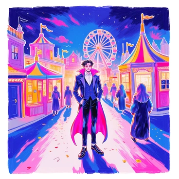Lucifer is standing in the center of a shadowy carnival. He is dressed in a sharp, dark suit, showcasing his striking features and mischievous smile. Around him, eerie attractions loom, including a haunted house with creaky doors and flickering lights, a Ferris wheel that creaks ominously, and a sinister-looking clown tent. Shadowy figures wander the paths, their features obscured, as they mingle with the atmosphere of mystery. The sky above is dark, with hints of purple and deep blue, adding to the unsettling ambiance of the scene.