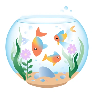 A group of colorful guppies is swimming gracefully in crystal-clear water. The guppies display vibrant shades of orange, blue, and yellow. Surrounding them is a lush aquatic garden filled with various green plants and delicate flowers. The plants have long leaves that sway gently with the water movement. Sunlight filters through the water, creating a shimmering effect on the sand below. Small pebbles are scattered around, adding texture to the garden floor. A few bubbles rise to the surface, completing the tranquil underwater scene.