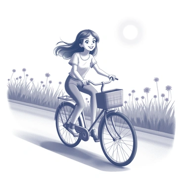 A girl with large expressive eyes and long flowing hair rides a bicycle along a countryside road. She has a wide smile on her face, capturing her joy. The bicycle has a vintage design with a basket attached to the front. The road is lined with an array of flowers, with tall grass swaying gently in the breeze. The sun is shining brightly above, casting soft shadows on the ground. The girl is wearing a casual outfit, suitable for a day of cycling, and her hair is being lifted by the wind as she pedals.