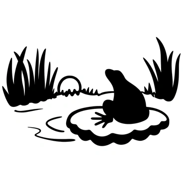 A frog sitting on a lily pad in the foreground, its shape outlined sharply against the light of the setting sun. The water surface reflects the silhouette of the frog and the sun, creating a shimmering effect. Gentle ripples in the water extend outward from the lily pad. In the background, tall reeds and grasses frame the scene, their forms dark against the fading light.