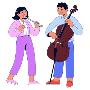 Two musicians are standing side by side, each holding their respective instruments. One musician, a woman, is playing a shiny silver flute, producing a series of melodic notes. The other musician, a man, is playing a dark wooden cello, accompanying with deep, resonant harmonies. They are both focused on each other, creating a lively interaction as they perform their duet. The background is simple and unobtrusive, allowing the musicians to stand out prominently. Both musicians are depicted in a joyful expression, reflecting their engagement in the music.