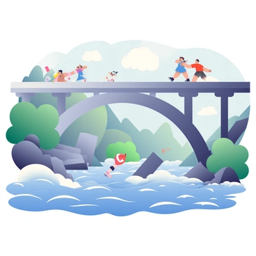 A large concrete bridge is in the foreground, with multiple sections breaking apart and falling into a rushing river below. The water is choppy and has white frothy waves, reflecting the chaos above. Several people can be seen running towards the edges of the bridge, expressing urgency and panic. A man in a red shirt is helping a woman in a blue dress who has stumbled. In the background, the sky is overcast with dark clouds, adding to the dramatic atmosphere of the scene. The riverbanks are lined with green trees and rocks, contrasting the turmoil of the collapsing bridge.