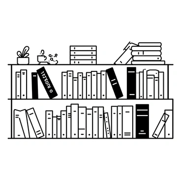 A library shelf spans the width of the image, filled with numerous books. The books are various sizes, some thick and others thin, all with detailed spines featuring titles related to "illustration guides" and "inspirational art books." The shelf has a polished wooden finish, showing texture and grain. Some books are slightly askew, creating a sense of casual organization. A few decorative items, such as small figurines or a potted plant, sit atop the shelf, adding interest to the scene. The background suggests a cozy library atmosphere, with hints of other shelves and a comfortable reading chair visible in the distance.