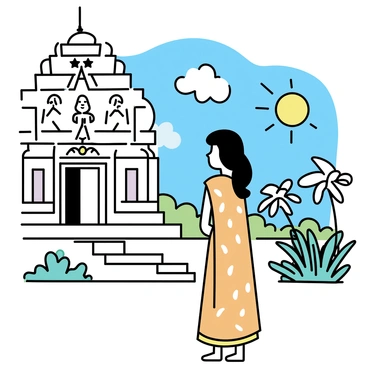 An Indian lady wearing a bright orange sari, with intricate patterns, standing in front of an ancient temple. She is gazing up at the detailed carvings on the temple walls, which depict various deities and mythical creatures. The sun is shining brightly, casting shadows that highlight the textures of the stone. Surrounding the temple are tropical plants and a clear blue sky. The lady's long black hair is loosely tied back, and she appears thoughtful and mesmerized by the artistry.