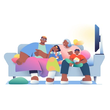 A family of four is sitting together on a comfortable couch. The father, with short brown hair and glasses, is on the left, wearing a blue t-shirt. Next to him is the mother, with long straight blonde hair, dressed in a light pink sweater. They are both smiling at the TV screen. In the center, a young girl with curly black hair is sitting cross-legged, wearing colorful pajamas. Beside her is a boy with short dark hair, wearing a red t-shirt, holding a bowl of popcorn. The family is sharing a large, cozy blanket that is draped over their laps, and the room is softly illuminated by the glow of the television. There are a couple of pillows scattered on the couch for added comfort.