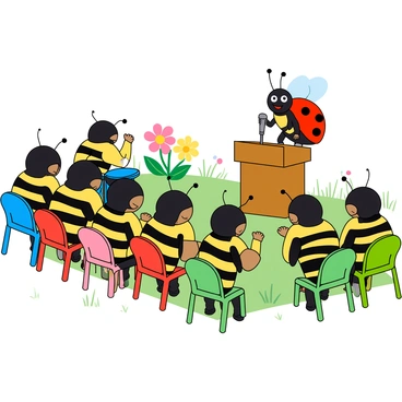 A colorful scene featuring a crowd of cartoon bees, each with tiny, vibrant stripes of yellow and black, sitting in small, whimsical chairs that vary in colors like blue, red, and green. The bees are eagerly watching an insect spelling bee taking place on a small stage in front of them. On the stage, a cheerful ladybug with a red shell and black spots is standing beside a wooden podium, holding a microphone. The audience of bees is animated, with some buzzing excitedly, while others are leaning forward in their chairs, antennas perked up in anticipation. The background includes playful flowers and grass, adding to the lively atmosphere of this insect competition.