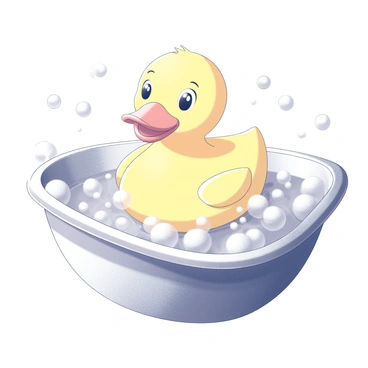 A cheerful rubber duck floating in a bubbly bathtub