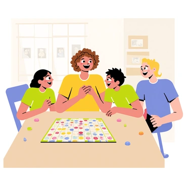 Marie is sitting at a wooden table in a cozy living room, surrounded by her two siblings. They are focused on a colorful board game spread out in front of them. Marie has curly brown hair and is wearing a bright yellow t-shirt. One sibling has straight black hair and is wearing a green shirt, while the other has wavy blonde hair and is in a blue shirt. All three of them are laughing, showing wide smiles, with game pieces scattered around them. The walls of the living room are decorated with family photos, and a soft rug is under the table, adding warmth to the scene.