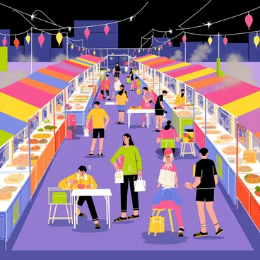 A vibrant night market scene filled with colorful neon lights illuminating the surroundings. Numerous food stalls display a variety of dishes, with steam rising from freshly cooked items. Shoppers move through the market, carrying bags filled with food and goods. Colorful banners and lanterns hang above, adding to the festive atmosphere. Small tables are set up where people are enjoying their meals, and the ground is bustling with activity and laughter.