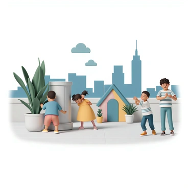 A group of three children playing hide-and-seek on a city rooftop, surrounded by various green plants and small trees in pots. One child, a boy wearing a blue t-shirt and red shorts, is crouched behind a tall, leafy plant, peeking out with a playful smile. Another child, a girl wearing a yellow dress, is partially hidden behind a metal chimney, looking excited. The third child, a boy in a striped shirt and jeans, is counting with his eyes closed, standing near a colorful garden shed. The rooftop features a view of the city skyline in the background, with tall buildings under a clear blue sky.