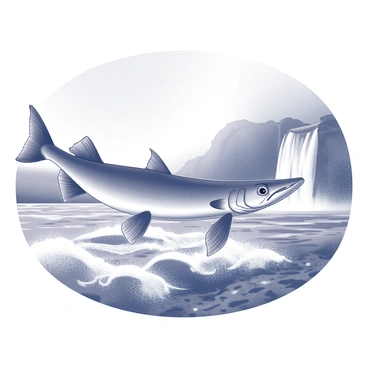A pike fish with a sleek body and sharp fins is swimming vigorously against the swift current of a river. The river is filled with swirling eddies and splashes as water moves rapidly. In the background, there is a waterfall cascading over a rocky cliff, with mist rising from where the water strikes the surface below. The scene captures the dynamic movement of the fish as it navigates through the fast-flowing water.