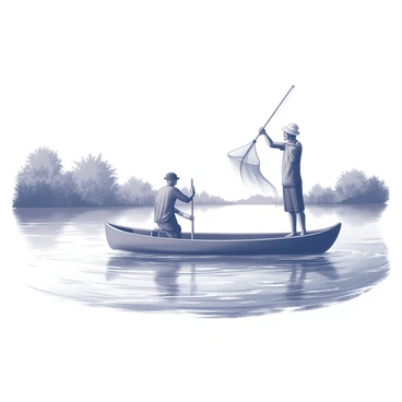 Two indigenous fishermen are positioned in a traditional canoe gliding over a wide, flowing river. One fisherman is standing at the rear of the canoe, skillfully casting a large fishing net into the water with a fluid motion. The other fisherman is sitting at the front, focused on guiding the canoe along the river's current. The riverbanks are lined with lush vegetation, creating a natural frame for the scene. The water is rippling gently, catching the light as it reflects the surrounding landscape. The fishermen are dressed in traditional attire, enhancing the cultural aspect of the scene.