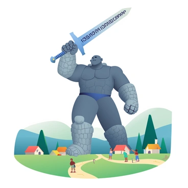 A giant with rugged, stone-like skin is standing tall, holding an enormous sword that gleams under the sunlight. The sword is intricately designed with ancient runes etched into its blade. The giant's muscular arms are flexed as he lifts the sword high above his head. Below him, a tiny village is nestled in a lush green valley, with small, thatched-roof houses and winding dirt paths. The shadow of the giant stretches over the village, casting a dark silhouette over the rooftops. The villagers, depicted as tiny figures, are looking up in awe and fear, some pointing towards the giant. In the background, rolling hills and trees frame the scene, enhancing the scale contrast between the giant and the village.