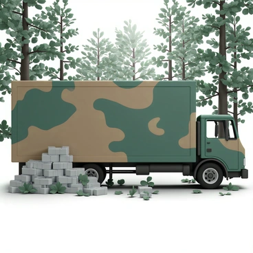 A large truck, painted in shades of green and brown, is partially hidden among dense trees in a forest. Its exterior features a camouflage pattern made up of overlapping shapes that resemble the texture of tree bark and foliage. Piles of small, gray bricks are stacked on one side of the truck, with some bricks partially covered by scattered leaves. Sunlight filters through the canopy, casting dappled shadows on the truck, enhancing the illusion of it blending into the forest environment.