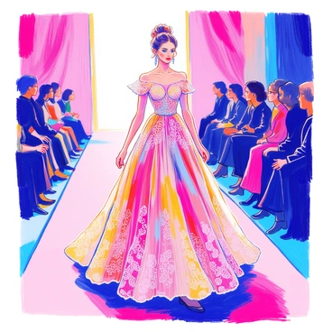 A model is standing on a runway, showcasing "an elegant evening gown adorned with intricate lace details." The gown features a fitted bodice that flows into a full skirt with layers of soft fabric. The model's hair is styled in an elegant updo, and she is wearing "delicate earrings" that complement the gown. The lighting highlights the intricate lace patterns, creating a stunning contrast with the fabric of the dress. In the background, there are blurred silhouettes of spectators watching the fashion show.