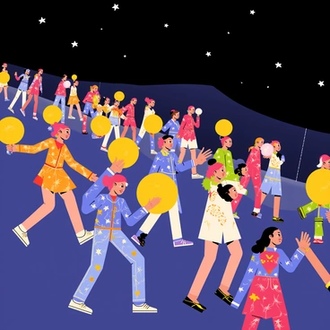 A night parade featuring a variety of glowing lanterns in different shapes and colors, including round, star-shaped, and animal figures. Participants are dressed in illuminated costumes that sparkle and shine, incorporating bright lights and reflective materials. The costumes include vibrant colors such as blue, red, and green, with intricate patterns and designs. The atmosphere is filled with joy as participants dance down the street, and the path is lined with excited onlookers. The night sky serves as a backdrop, enhancing the brilliance of the scene.