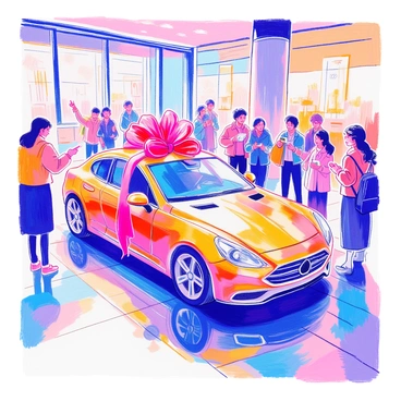 A gleaming new car is prominently displayed in a bright showroom. The car is shiny and reflects light, showcasing its sleek design. Atop the car is a large red bow, perfectly tied and vibrant. Surrounding the car, several excited shoppers are admiring it. Some are pointing at the car, while others are taking pictures. The showroom has polished floors and well-lit display areas, enhancing the overall atmosphere of excitement.