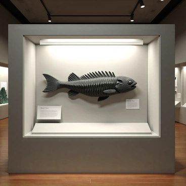 An ancient fish fossil, with intricate details visible in the bones and fins, is displayed prominently in a well-lit museum case. The fossil has a dark, rugged texture that contrasts with the smooth glass of the display. Behind it, a muted backdrop highlights the fossil's features, and there are small informational plaques nearby, detailing its species and historical significance. The museum environment includes polished wooden flooring and subtle ambient lighting that enhances the focus on the fossil.