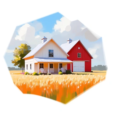 A peaceful 1930s farmhouse with white wooden siding and a sloping roof, sitting in the foreground. The farmhouse features a small porch with rocking chairs and flowers in the window boxes. Surrounding the house are wide, open fields of golden wheat swaying gently in the breeze. In the background, a classic red barn with a large double door stands prominently, its weathered wood contrasting with the greenery of the landscape. The sky above is clear with a few fluffy white clouds drifting by.