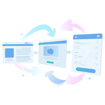 A series of three connected screens display various stages of a user's journey through a website. The first screen shows a homepage layout with a navigation menu at the top and highlighted sections featuring images and text. The second screen illustrates a product page, showcasing an item with a large image, a detailed description, and a prominent "Add to Cart" button. The third screen presents a checkout page, featuring fields for billing information, shipping address, and a final order summary. Each screen is designed with gradient pastel colors to create a cohesive visual flow.