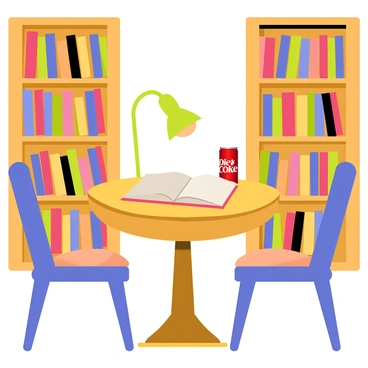 A cozy library setting featuring tall wooden bookshelves filled with colorful books. In the center, there is a round wooden table with an open book resting on it. Next to the book, there is a silver Diet Coke can positioned beside a stylish reading lamp. The lamp emits a warm glow, illuminating the table and creating a welcoming atmosphere. Soft chairs are placed around the table, inviting readers to settle in and enjoy their books.