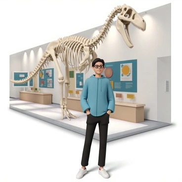 A curious patron, wearing a blue jacket, black jeans, and glasses, stands in front of a large dinosaur skeleton displayed in a natural history museum. The skeleton is positioned in a dynamic pose, showcasing its massive skull and elongated tail. The museum's walls are adorned with informational panels and colorful exhibits, while soft lighting highlights the bones, creating shadows on the polished floor. The patron has their hands in their pockets, leaning slightly forward with a look of fascination on their face as they observe the intricate details of the skeleton.