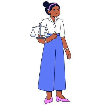 A woman named "Susan B. Anthony" is standing upright, holding a balanced scale in her right hand. The scales are evenly balanced, representing "balance" and "equality." She is dressed in a historical outfit, featuring a high-collared blouse and a long, flowing skirt. Her hair is tied back neatly, and she has a determined expression on her face. The background is simple and uncluttered, focusing attention on her and the scale.