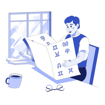A person is seated at a table, focused on reading a newspaper. The newspaper is open to a section filled with various horoscope symbols. Each symbol is distinctly illustrated, representing different zodiac signs. The person has a look of concentration, with their fingers lightly touching the page as they read. Surrounding them is a small cup of coffee and a pair of reading glasses resting on the table. Sunlight is streaming through a nearby window, casting soft shadows across the scene.