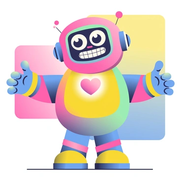 A friendly robot with a rounded body and oversized head is standing with its arms outstretched in a welcoming gesture. Its surface is covered in bright, bold colors including neon pink, electric blue, and sunny yellow, showcasing a pop-art style. The robot has large, expressive eyes that convey a cheerful demeanor, and its mouth is shaped in a wide grin filled with small, rounded teeth. On its chest, there is a heart-shaped button that glows, and its limbs are slightly elongated, adding to the exaggerated appearance. The background consists of a series of large, graphic shapes in contrasting colors that enhance the vibrant atmosphere.