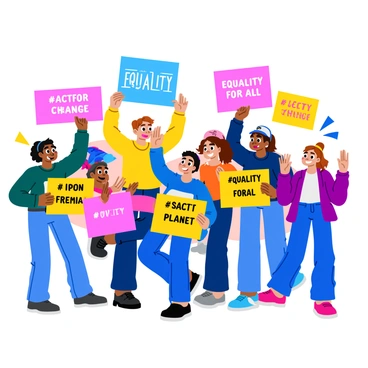 A group of enthusiastic activists stands together, each holding brightly colored signs that display various messages. The signs feature bold lettering with phrases like "Save Our Planet" and "Equality for All." Some of the activists are smiling and posing for selfies while others are enthusiastically cheering. Their clothing is vibrant and diverse, showcasing different styles and colors. In the background, other supporters can be seen, adding to the lively atmosphere. Hashtags like "#ActForChange" and "#Unity" are visibly written on some of the signs. The scene captures a sense of energy and commitment to their cause.