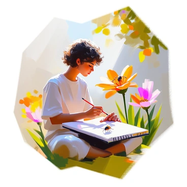An artist with medium skin tone and curly hair is intently focused on capturing the details of tiny insects on a vibrant flower. The artist is seated on a grassy patch, surrounded by blooming flowers in various colors. They hold a sketchbook in one hand and a pencil in the other, carefully illustrating the intricate features of the insects. Sunlight filters through the leaves above, creating dappled light on the scene. The flower has bright petals and delicate stamens, while the insects exhibit fine details, such as wings and antennae, making the scene lively and detailed.