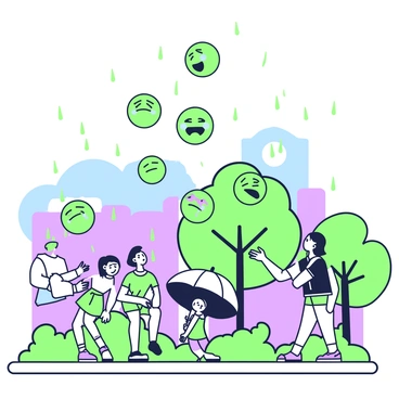 A scene featuring numerous "laughing-crying emojis" scattered in the air, as if they are falling from above like rain. The emojis are depicted with distinct facial expressions, showcasing joy and amusement. Below, a city park is visible, with people standing under colorful umbrellas, looking up and interacting with the falling emojis. Some individuals are smiling, while others are reaching out their hands in an attempt to catch the emojis. In the background, a blue sky is present, complementing the playful atmosphere.