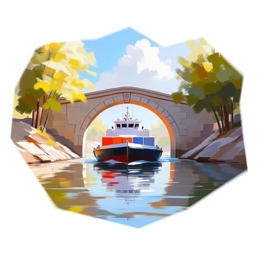 A bunker barge, large and sturdy, is navigating through a calm river beneath an old, stone arch bridge. The bridge, constructed from weathered gray stones, has intricate carvings and a gently rounded arch that frames the scene. The river's surface reflects the soft light, creating a shimmering effect. Tall green trees line the riverbanks, their leaves rustling slightly in a gentle breeze. The sky above is clear with a few fluffy clouds, adding depth to the atmosphere of the landscape. The bunker barge is laden with various cargo containers, contributing to the industrial charm of the scene.