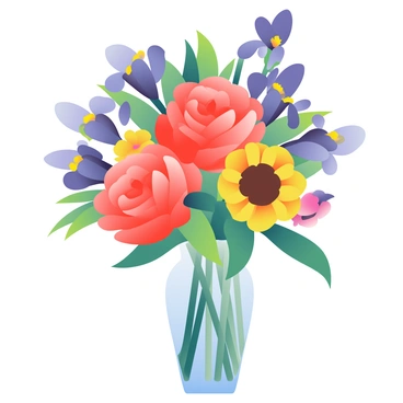 An arrangement of vivid flowers is displayed in a clear glass vase. The bouquet features large, bold red roses, vibrant yellow sunflowers, and deep purple irises. Each flower is in full bloom, showcasing their rich colors. The stems are arranged neatly with green leaves peeking out among the blossoms. The background is softly blurred to highlight the beautiful flowers in the foreground.
