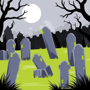 An ancient graveyard filled with crooked tombstones, each uniquely shaped and weathered by time. The tombstones are covered in patches of green moss and surrounded by sparse, twisted trees with gnarled branches. A full moon illuminates the scene with a soft silver light, casting elongated shadows across the ground. Wisps of fog drift through the graveyard, adding an air of mystery. In the background, a dark silhouette of an old stone wall can be seen, partially obscured by the mist.